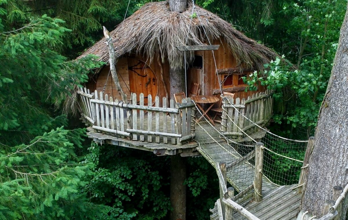 Cabane dans les arbres isolée avec terrasse en bois et toit de chaume au milieu des feuillages